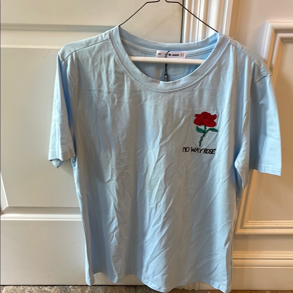 IMAN Light Blue Top with Red Rose Detail